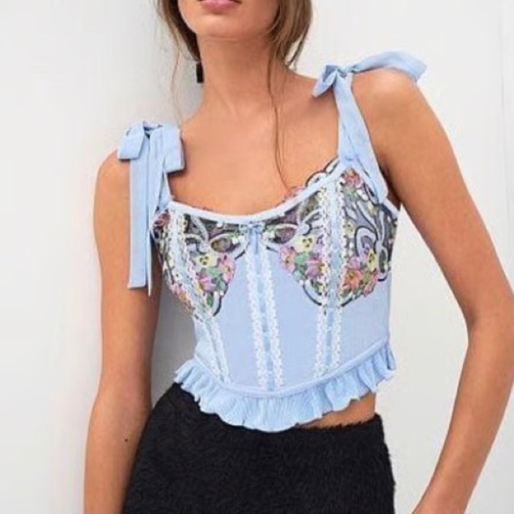 Blue Floral Embroidered Corset Top – Lace Trim Ribbon Tie Cami